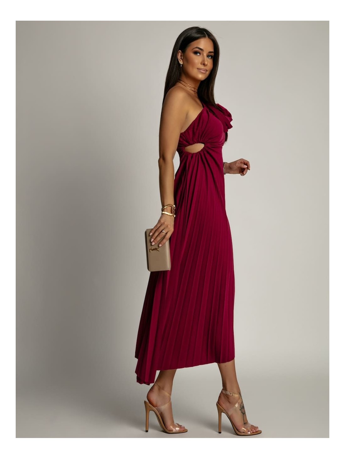 Elegant pleated dress with a flower, plum, AZRHP6987